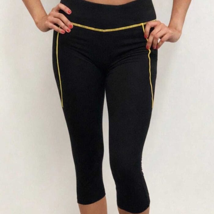 eggings capri per pole dance neri con cuciture gialle