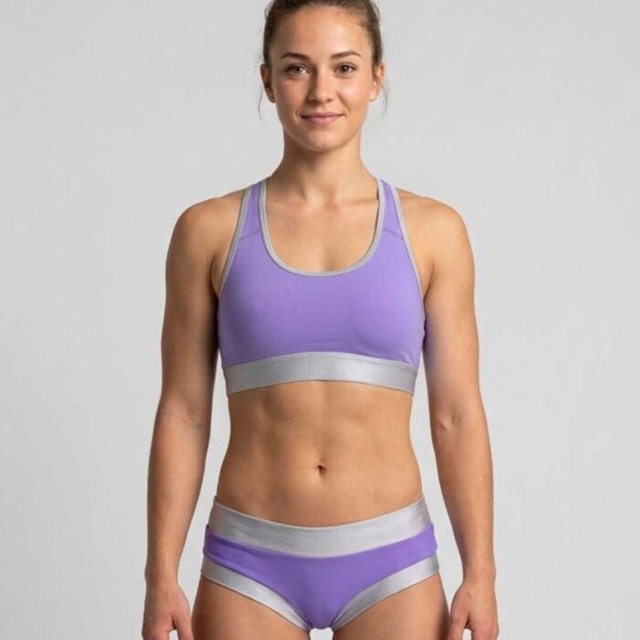 Top per pole dance lilla e argento imbottito in lycra